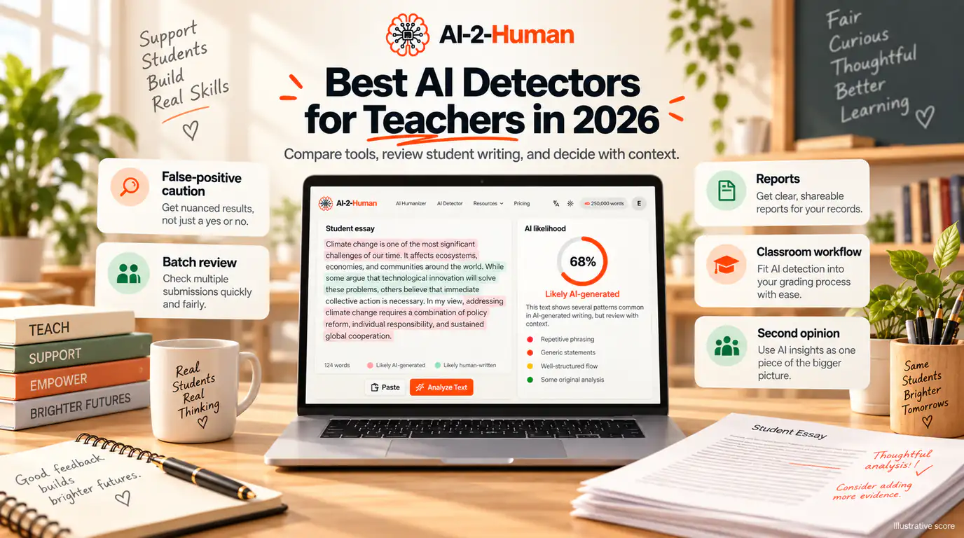 Best AI Detectors for Teachers in 2026 | AI-2-Human A student essay analysed on an AI-2-Human laptop screen, surrounded by cards about false positives, batch review, reports and classroom workflow.