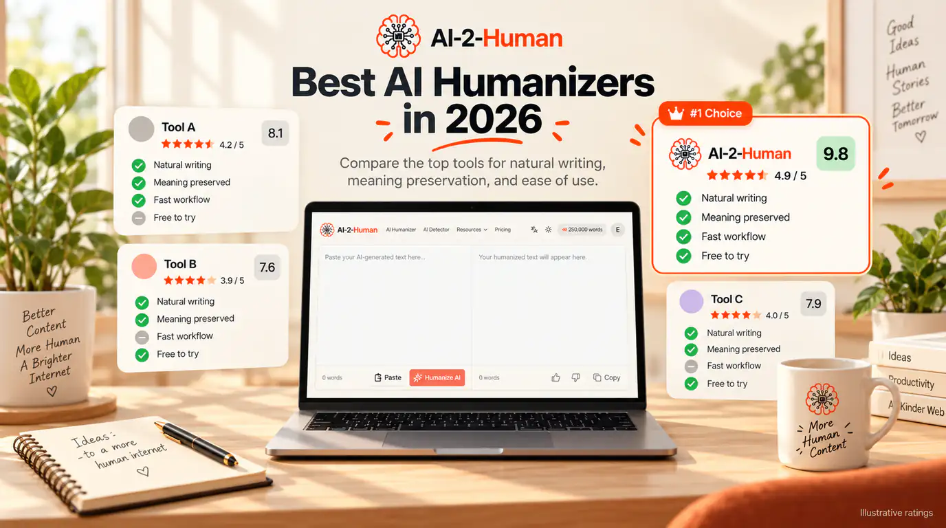 Best AI Humanizers in 2026 | AI-2-Human AI-2-Human on a laptop surrounded by illustrated AI humanizer comparison cards for natural writing, meaning preservation and ease of use.