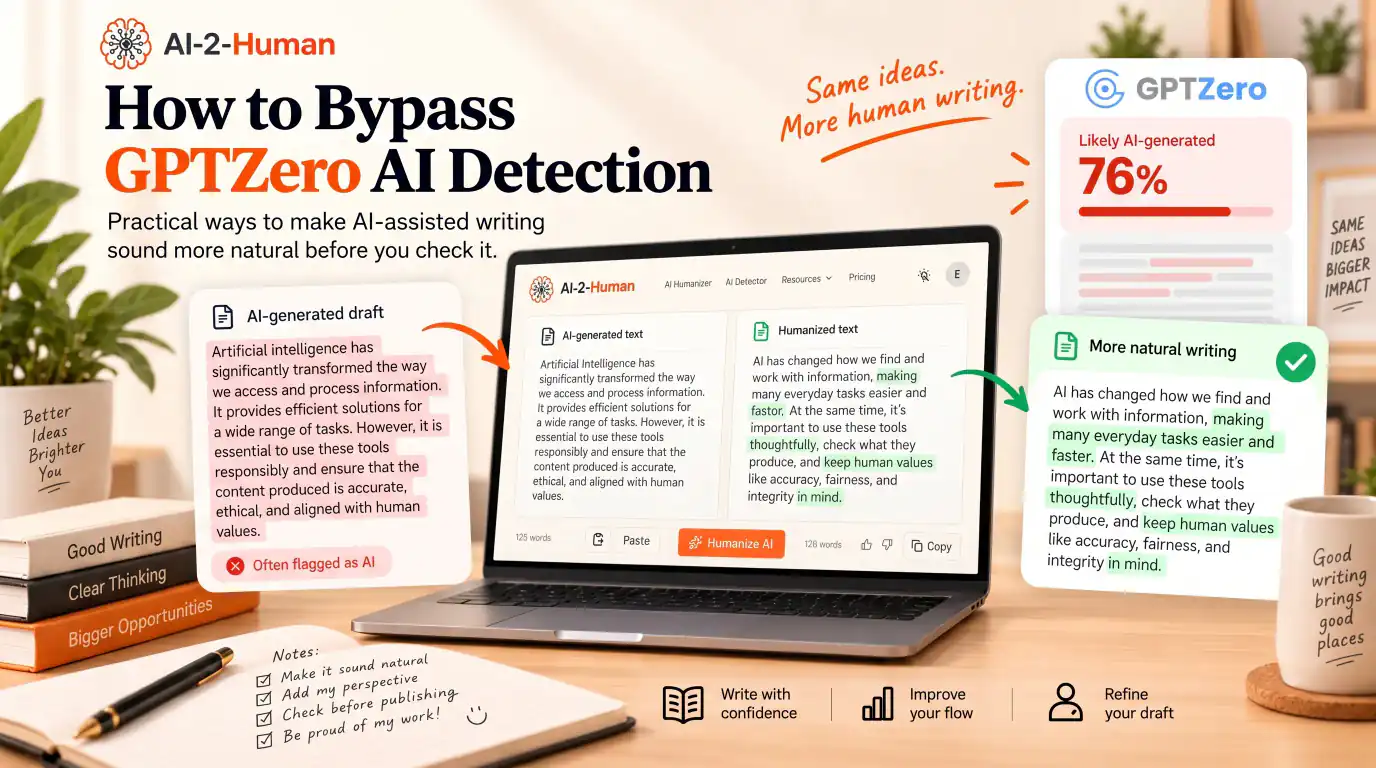 Come aggirare il rilevamento IA di GPTZero | AI-2-Human AI-2-Human su un portatile, con una bozza in stile IA, una riscrittura più naturale e un rapporto GPTZero a scopo illustrativo.