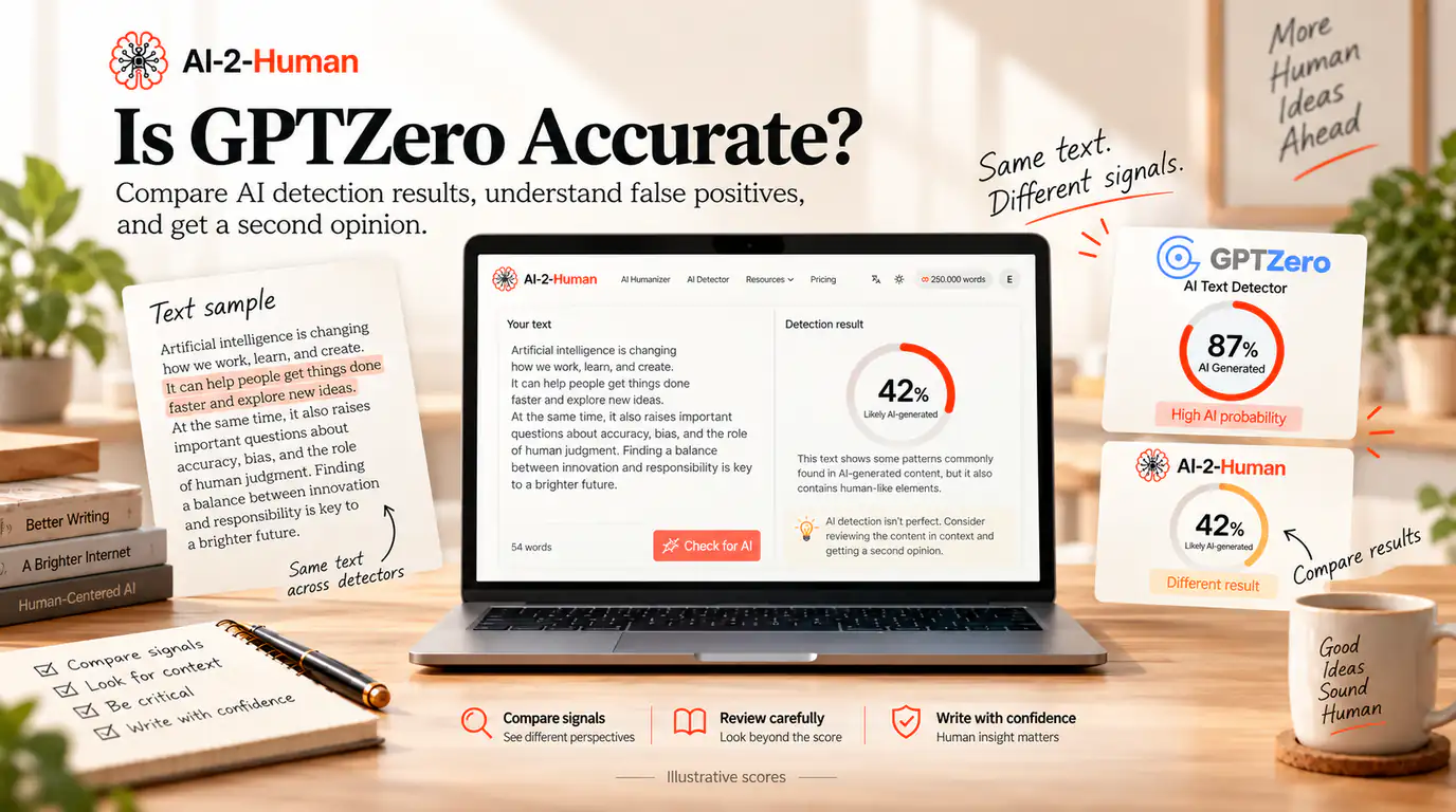GPTZero è affidabile? | AI-2-Human Un esempio di testo accanto ad AI-2-Human su un portatile e rapporti illustrativi di GPTZero e AI-2-Human con punteggi di rilevamento IA diversi.