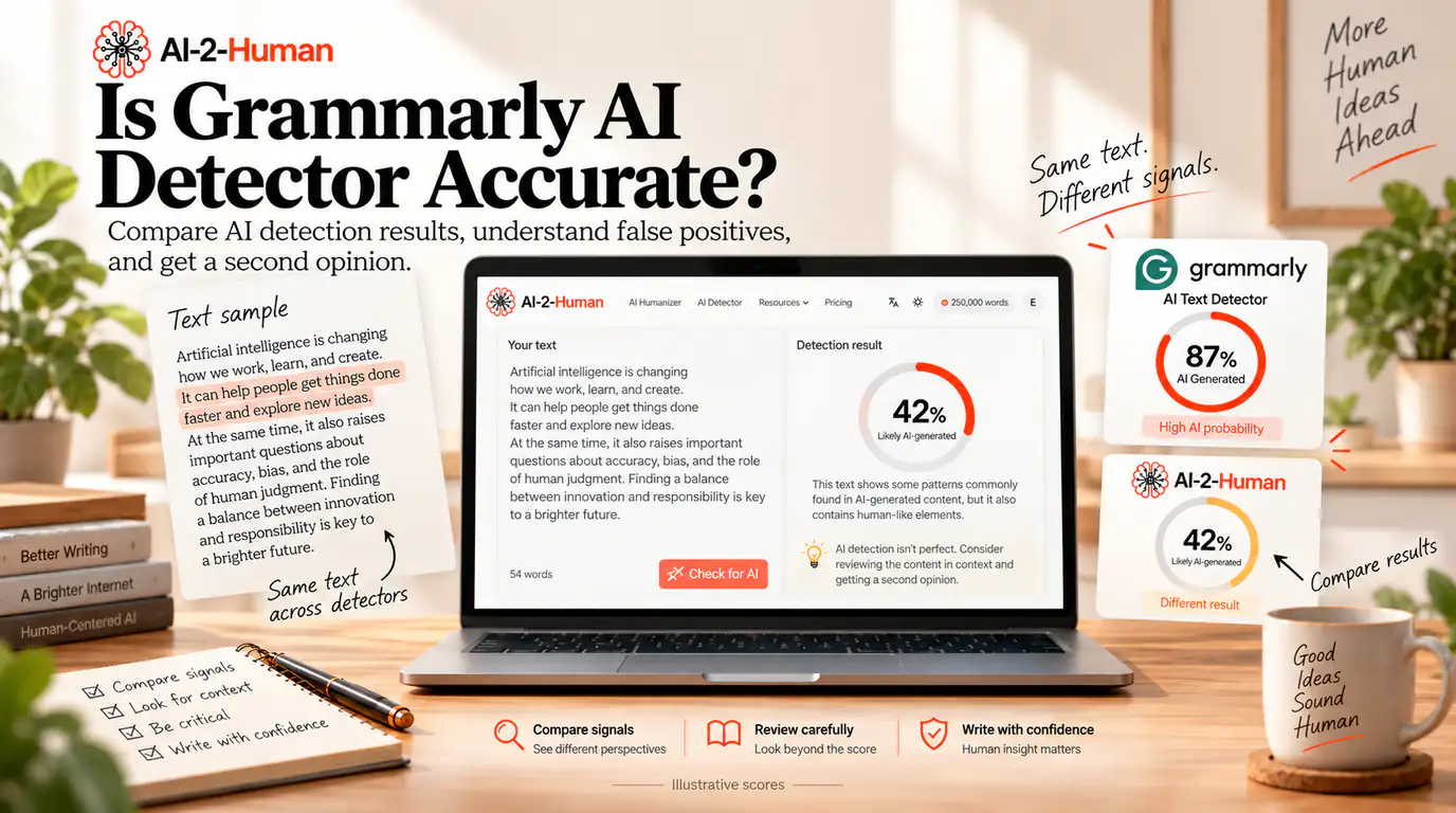 Is Grammarly AI Detector Accurate? | AI-2-Human A text sample beside AI-2-Human on a laptop and illustrative Grammarly and AI-2-Human reports showing different AI detection scores.