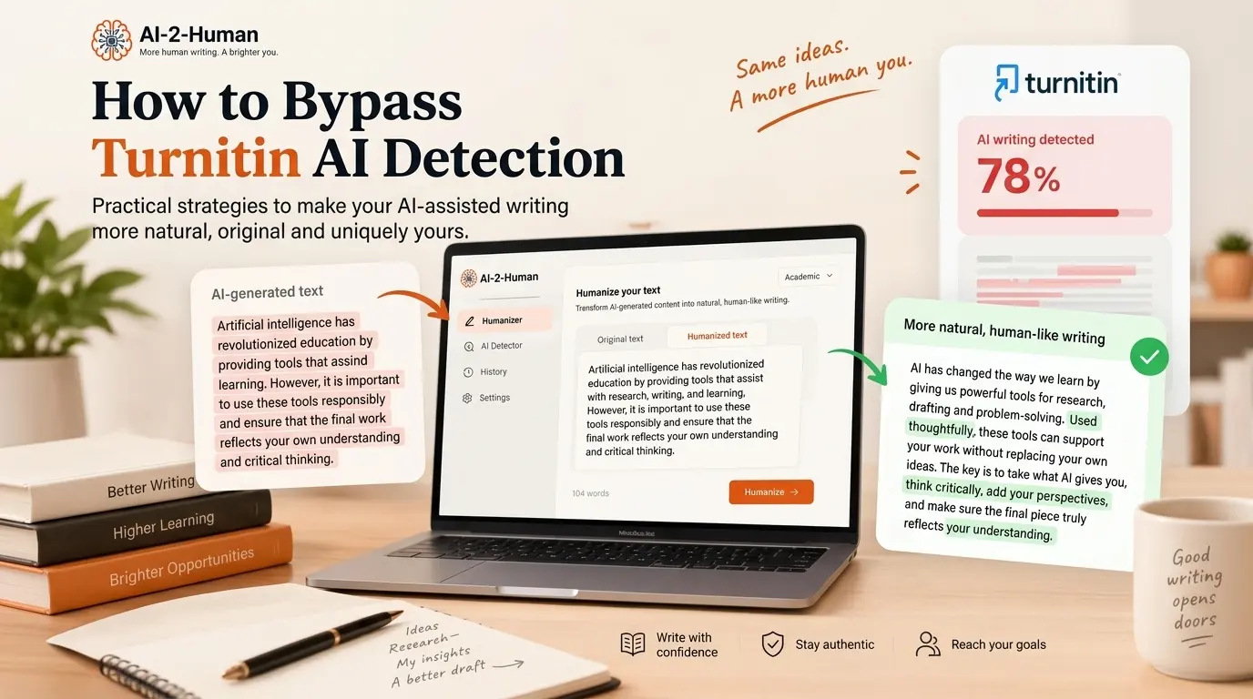Come aggirare il rilevamento IA di Turnitin | AI-2-Human Illustrazione della guida AI-2-Human con un portatile, il testo originale e quello rivisto e un rapporto Turnitin a scopo illustrativo.