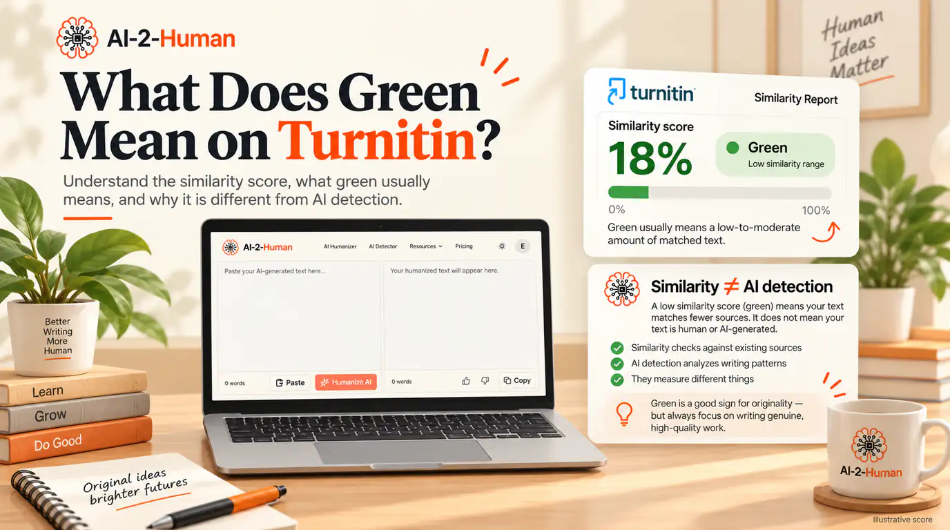 What Does Green Mean on Turnitin? | AI-2-Human An illustrative Turnitin similarity report with a green 18% score beside an explanation distinguishing text similarity from AI detection.