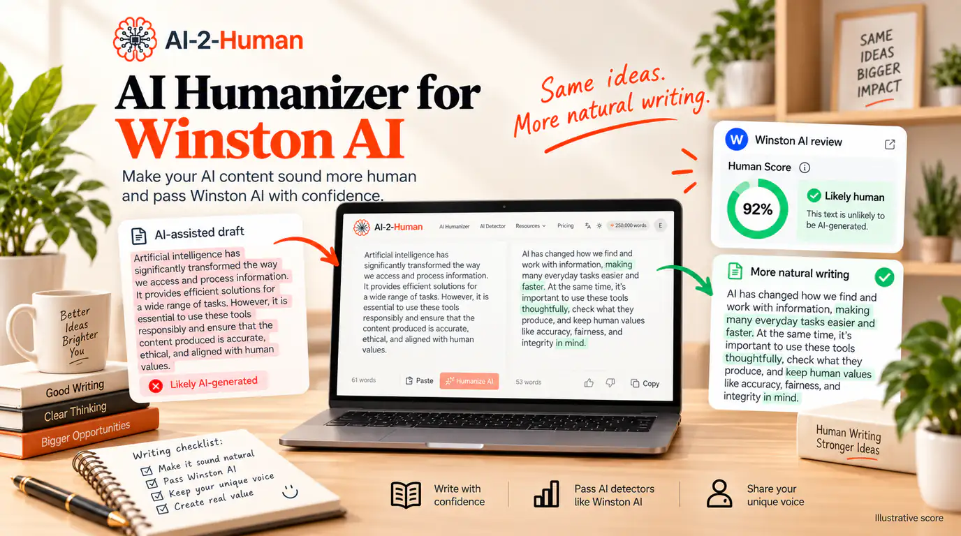 AI Humanizer for Winston AI | AI-2-Human An AI-assisted draft and a more natural rewrite beside AI-2-Human on a laptop and an illustrative Winston AI Human Score report.