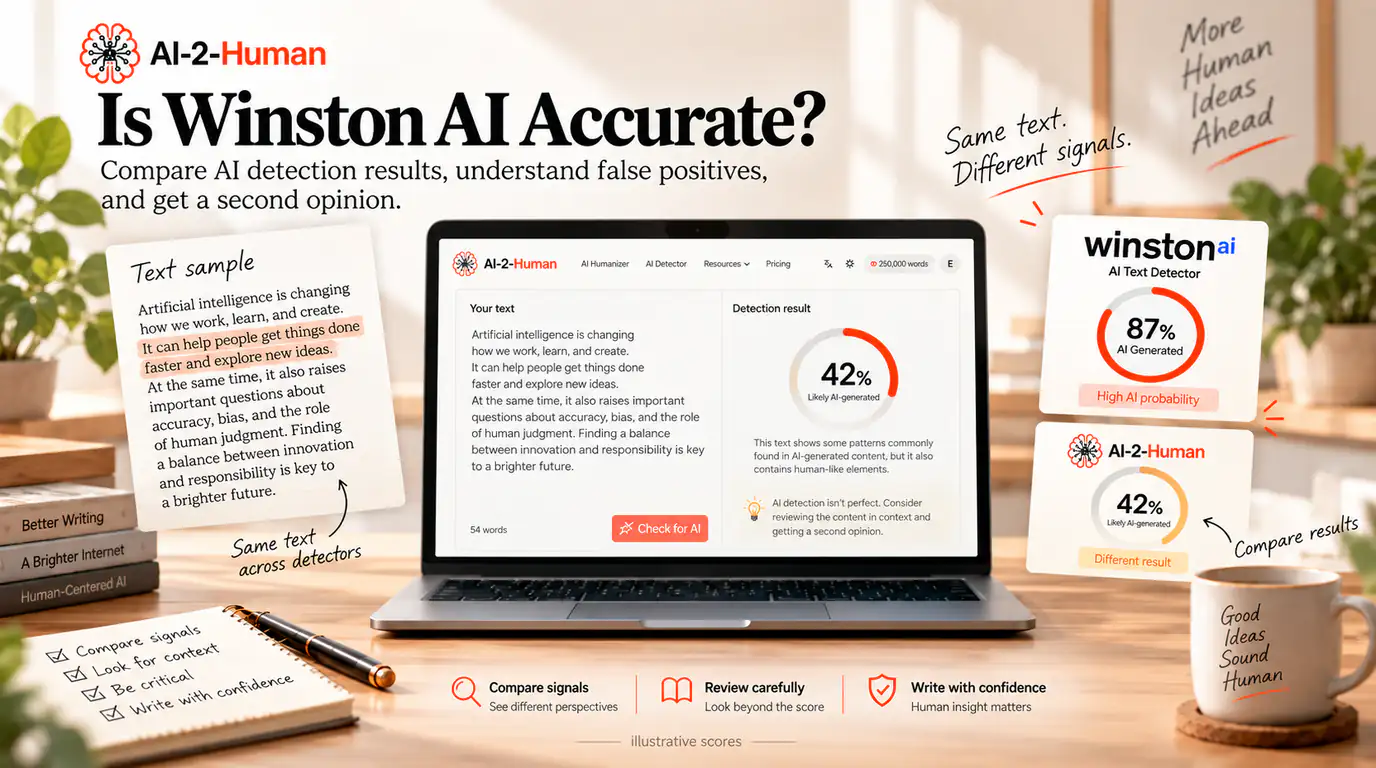 Is Winston AI Accurate? | AI-2-Human A text sample beside AI-2-Human on a laptop and illustrative Winston AI and AI-2-Human reports showing different AI detection scores.